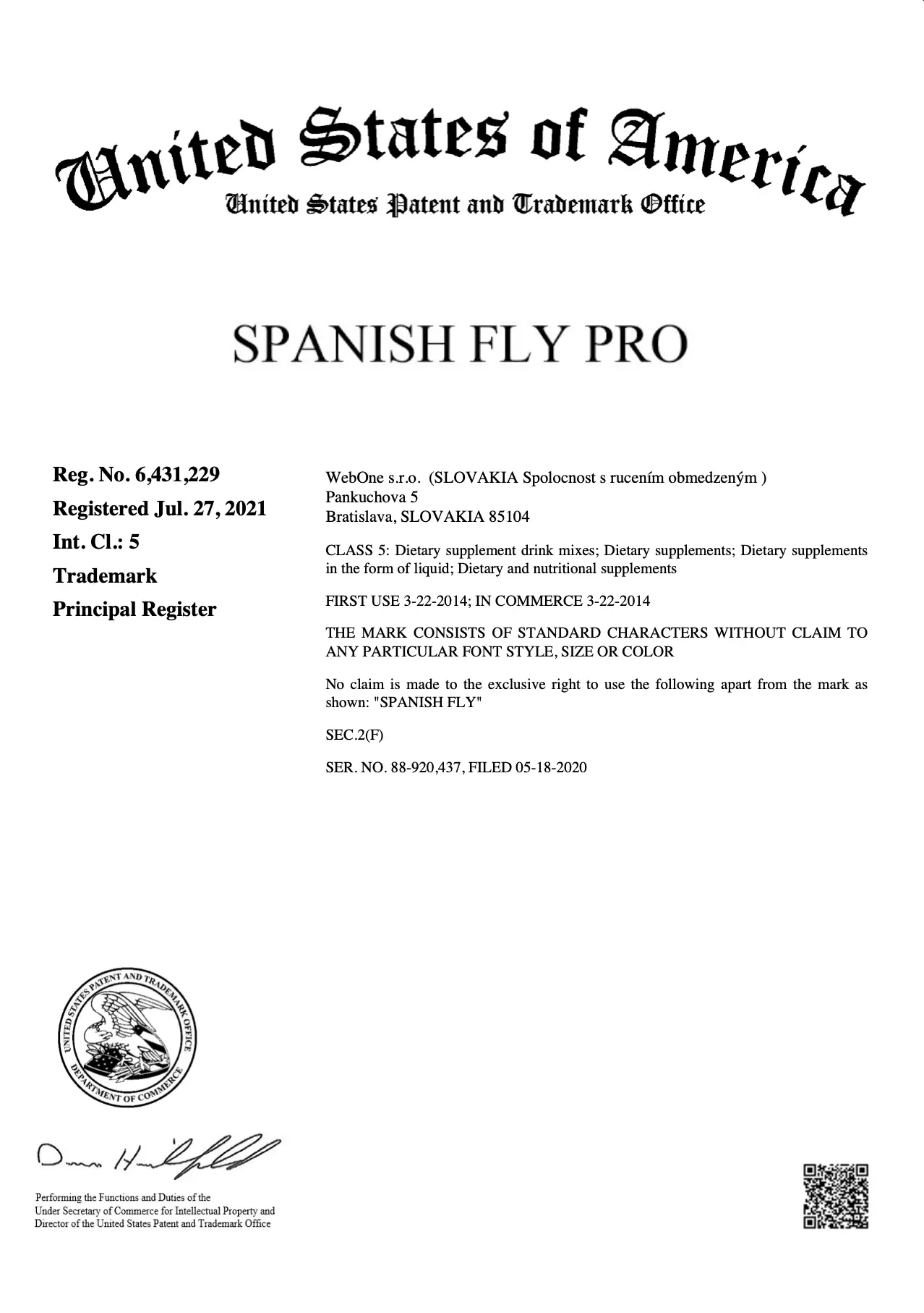 Spanish Fly Pro - Trade Mark Registration